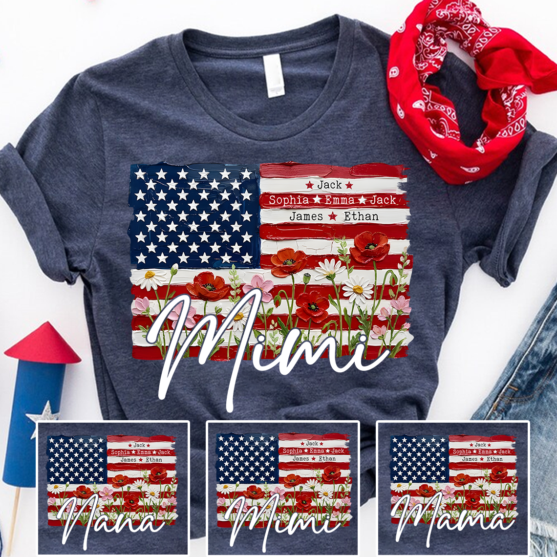 Personalized Patriotic USA Flag Floral Mimi T-shirt, Custom Family Names T Shirt, Perfect for Nana, Gigi, Grandma