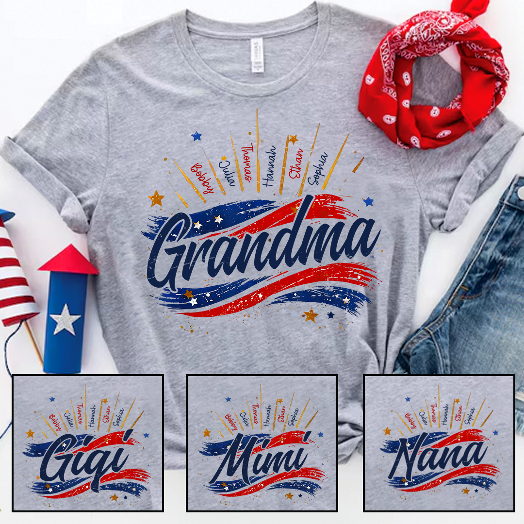 Personalized Grandma Shirt, Custom American Flag Design with Kids' Names, Family T Shirt for 4th of July
