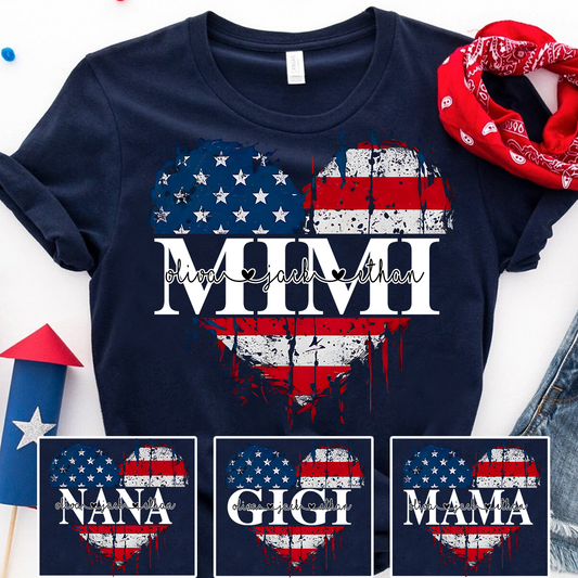 Personalized Mimi's Heart Flag T-shirt with Patriotic Design, Grandma Gigi Mama Mimi Shirt for 4th of July, Patriotic Gift for Mother's Day