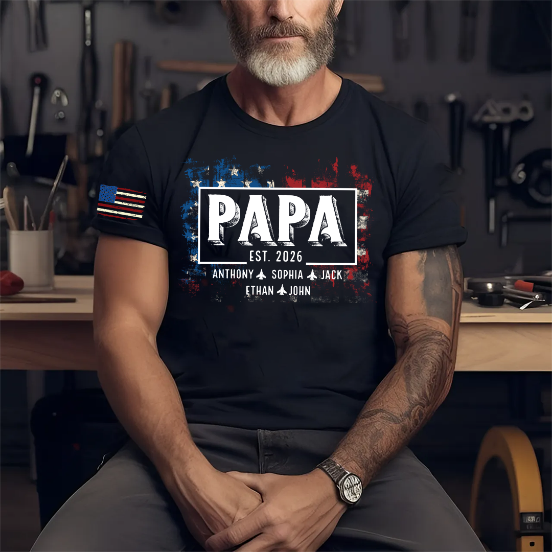 Personalized Papa EST Shirt Custom Kids Names Patriotic American Flag Design, First Time Dad Gift for Grandpa Father Birthday Fathers Day