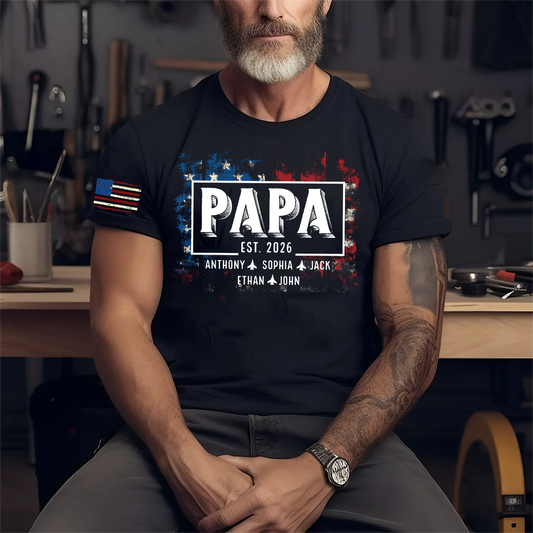 Personalized Papa EST Shirt Custom Kids Names Patriotic American Flag Design, First Time Dad Gift for Grandpa Father Birthday Fathers Day