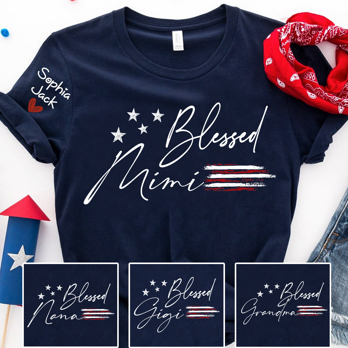 Personalized Blessed Mimi Flag American T-shirt, Custom Family Nickname Shirt with USA Flag Design for 4th of July, Perfect for Nana, Gigi, Grandma