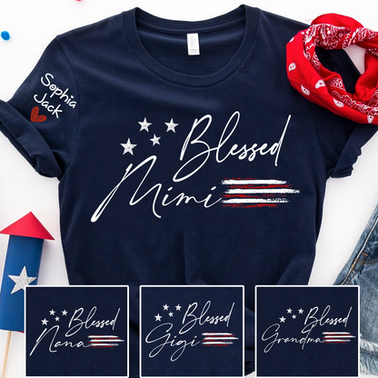 Personalized Blessed Mimi Flag American T-shirt, Custom Family Nickname Shirt with USA Flag Design for 4th of July, Perfect for Nana, Gigi, Grandma
