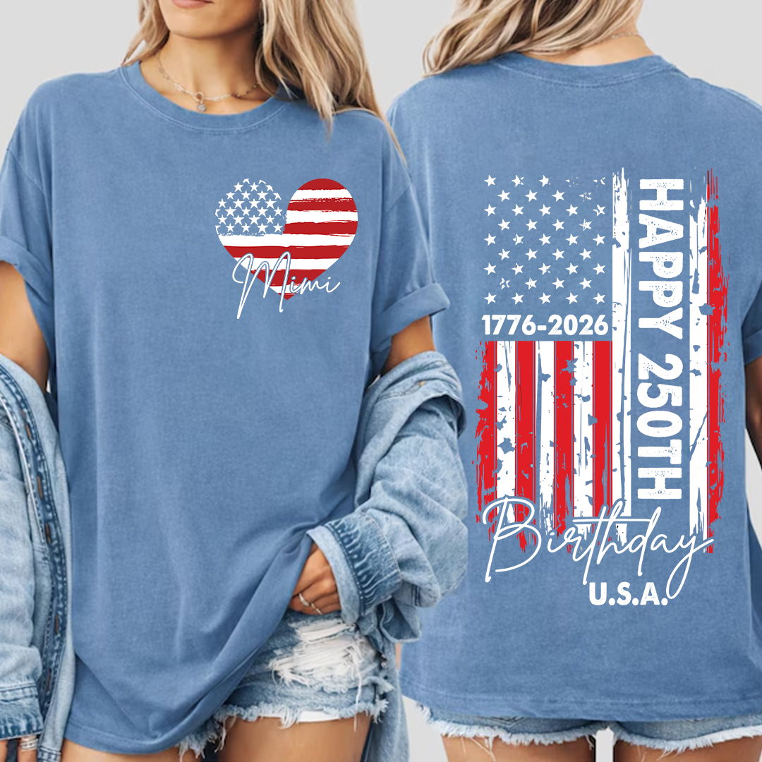 Personalized Mimi Patriotic Heart Flag Shirt, Happy 250th Birthday USA Grandma Shirt for Nana Gigi Mimi, 250 Years of Freedom 4th of July Comfort Colors® Shirt