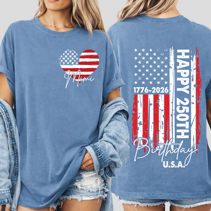 Personalized Mimi Patriotic Heart Flag Shirt, Happy 250th Birthday USA Grandma Shirt for Nana Gigi Mimi, 250 Years of Freedom 4th of July Comfort Colors® Shirt