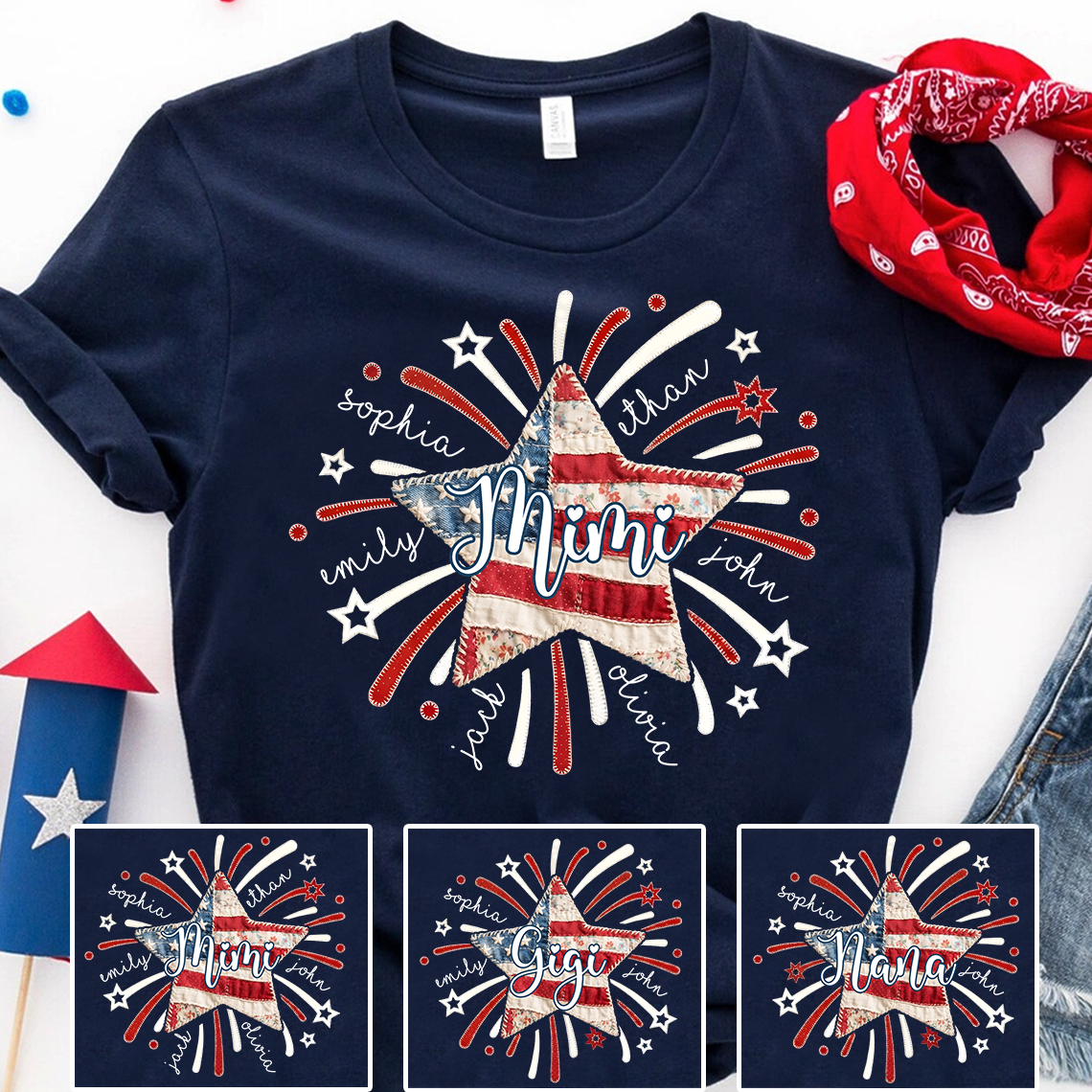Personalized Mimi Patriotic Patchwork Star Shirt Custom Kids Names, American Flag Fireworks Graphic T Shirt for Grandma Nana Gigi, 4th of July Family Gift