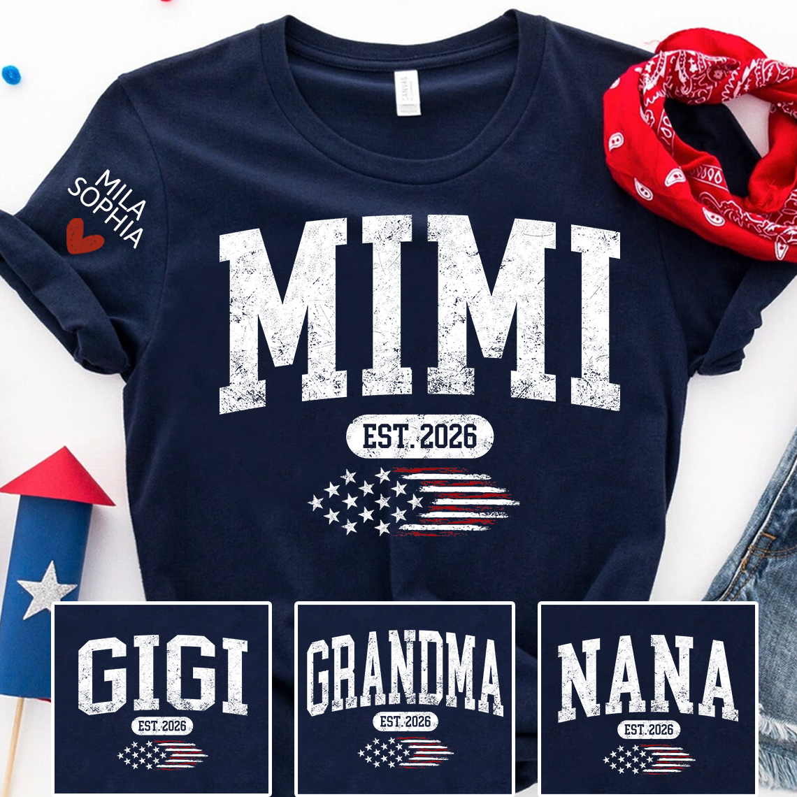 Personalized Mimi EST American Flag T-Shirt – Custom Mimi, Gigi, Nana Shirts, Patriotic Gift for Grandparents, Perfect for Mother’s Day and Birthdays