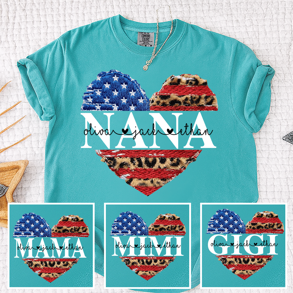 Comfort Colors® Personalized Nana Patriotic Heart Shirt with Grandkids Names, Custom Family Nickname Tee, American Flag Leopard Print, 4th of July Outfit Gift For Mother's Day Birthday