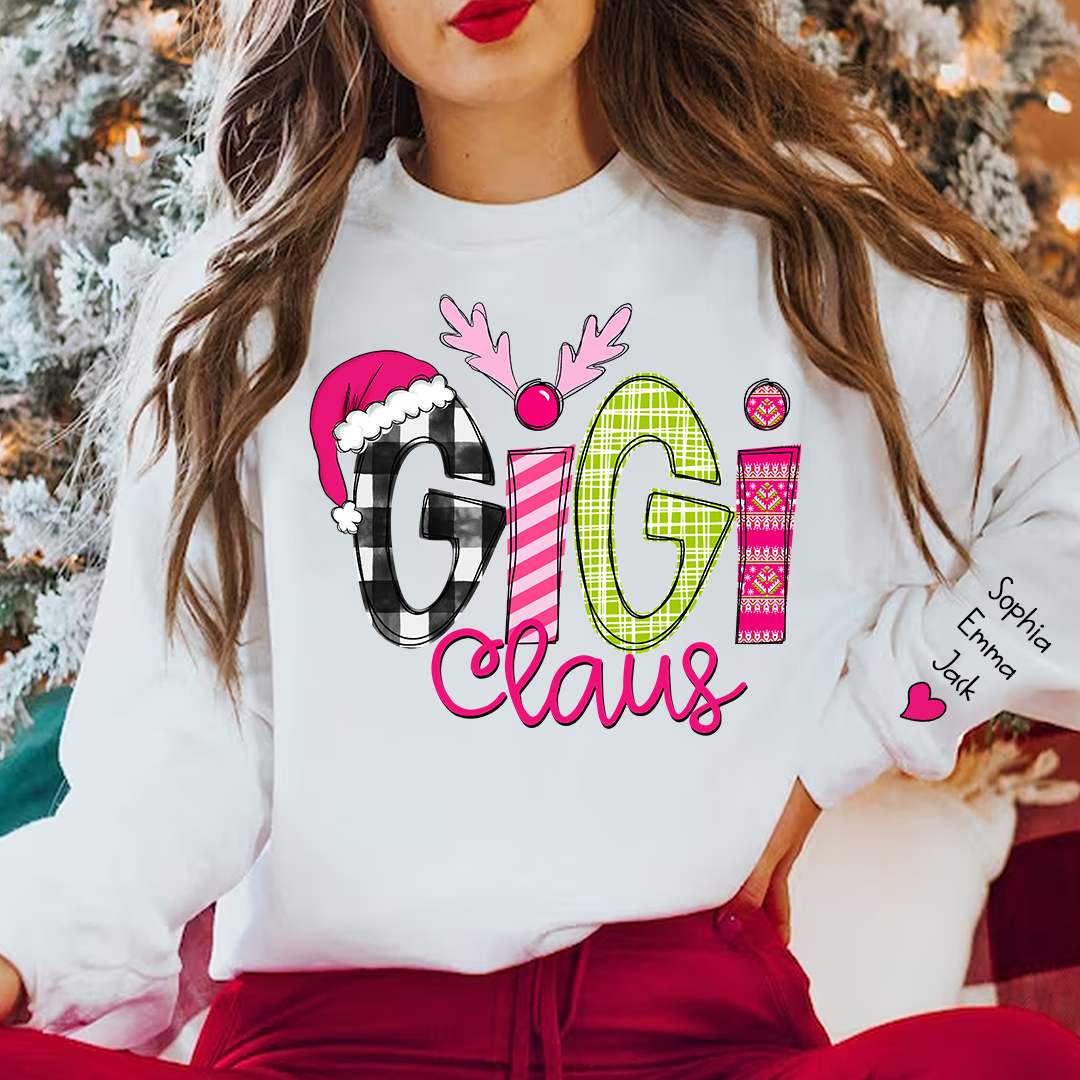 Custom Christmas Gigi Claus Pink And Grandkids Sweatshirt