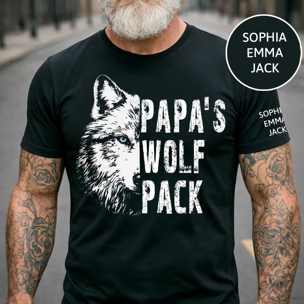 Papa's Wolf Pack Shirt, Personalized Grandpa Wolf T Shirt with Kids Names on Sleeve, Custom Papa Gift for Father's Day Birthday Tee