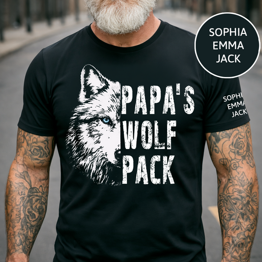 Papa's Wolf Pack Shirt, Personalized Grandpa Wolf T Shirt with Kids Names on Sleeve, Custom Papa Gift for Father's Day Birthday Tee