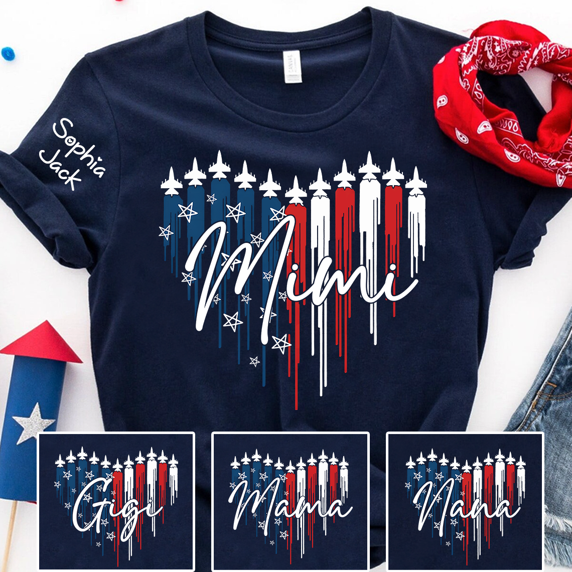 Personalized Mimi Patriotic Jet Heart USA Graphic Tee, Custom Family Nickname Shirt  for 4th of July, Gifts for Mother's Day, Birthday