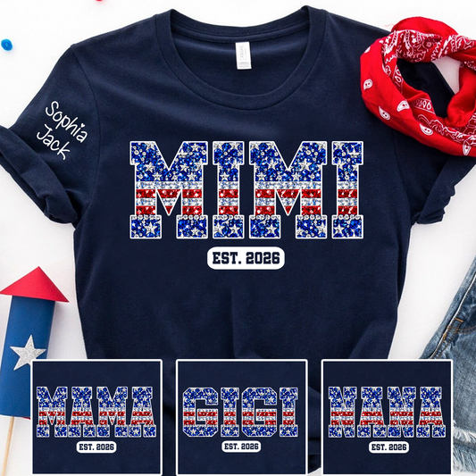 Mimi Faux Rhinestone Patriotic USA Flag Shirt Custom Nickname T-Shirt with Kids Names on Sleeve Est 2026 4th of July Mothers Day Family Matching Tee for Grandma Nana Gigi