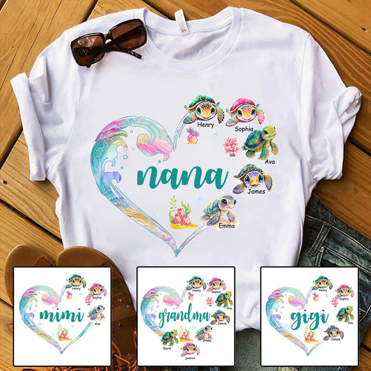 Personalized Grandma and Grandkid's Heart Turtle Mother's Day T-Shirt