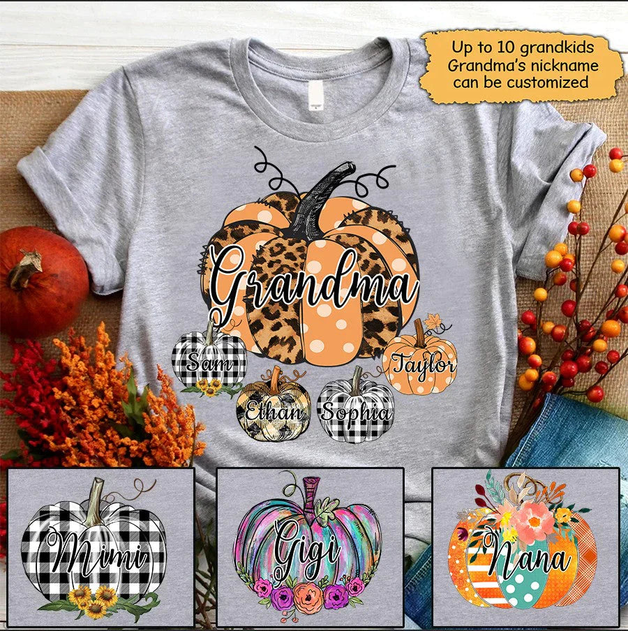 Grandma Pumpkin With Grandkids Leopard Shirt