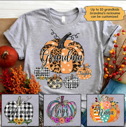 Grandma Pumpkin With Grandkids Leopard Shirt