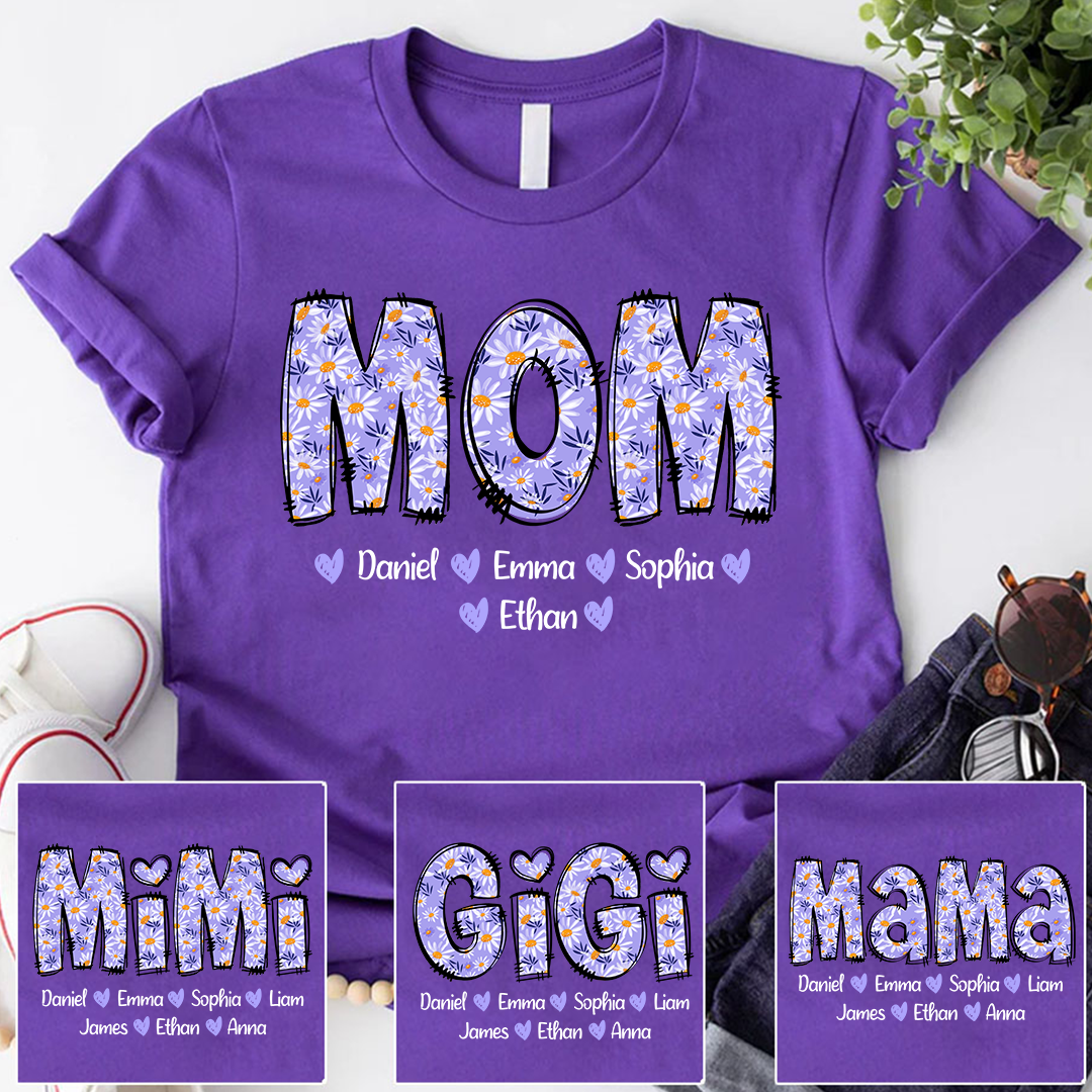 Custom Mom Mama Purple Daisy With Kids Mother's Day T-Shirt