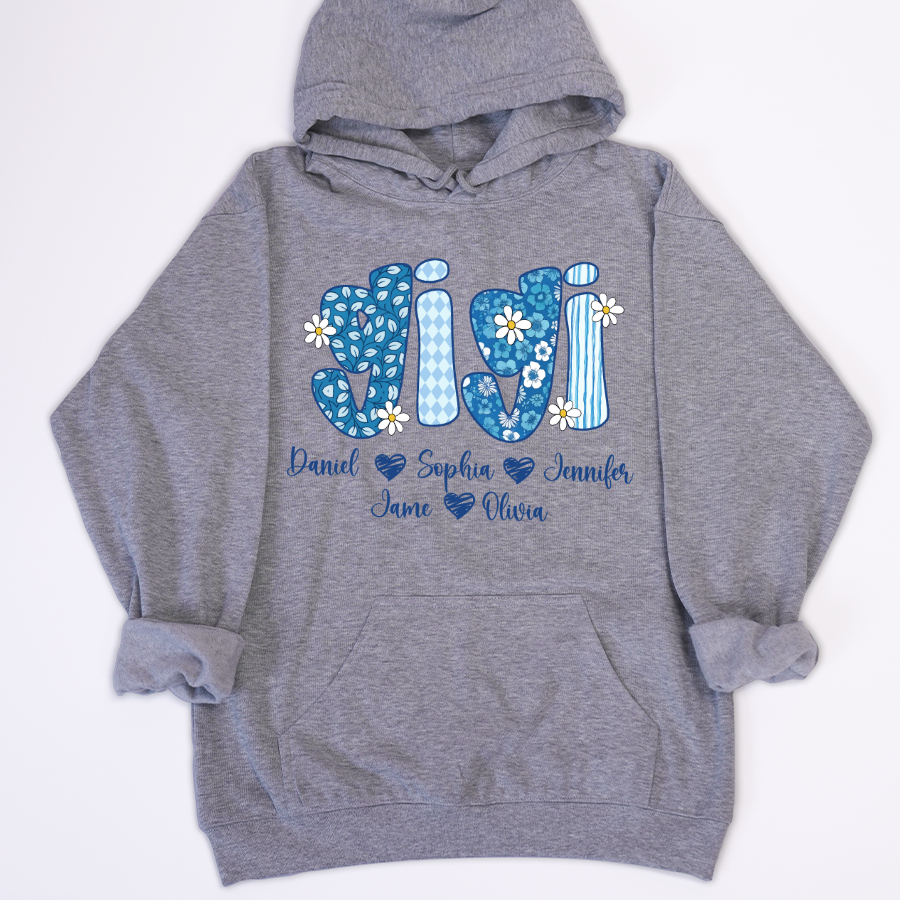 Blue Floral Gigi Personalized Grandma Gift with Grandkids Names Shirt