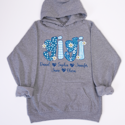 Blue Floral Gigi Personalized Grandma Gift with Grandkids Names Shirt