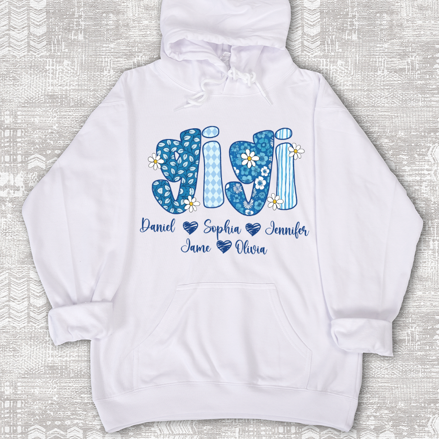 Blue Floral Gigi Personalized Grandma Gift with Grandkids Names Shirt