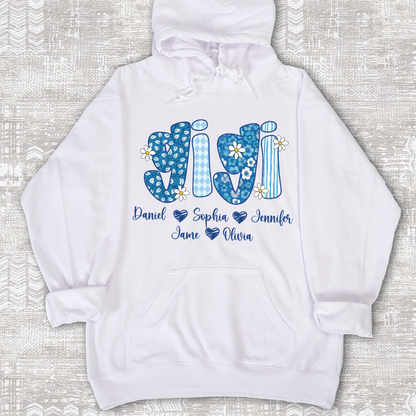 Blue Floral Gigi Personalized Grandma Gift with Grandkids Names Shirt