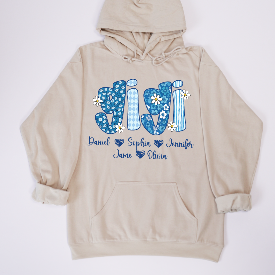 Blue Floral Gigi Personalized Grandma Gift with Grandkids Names Shirt