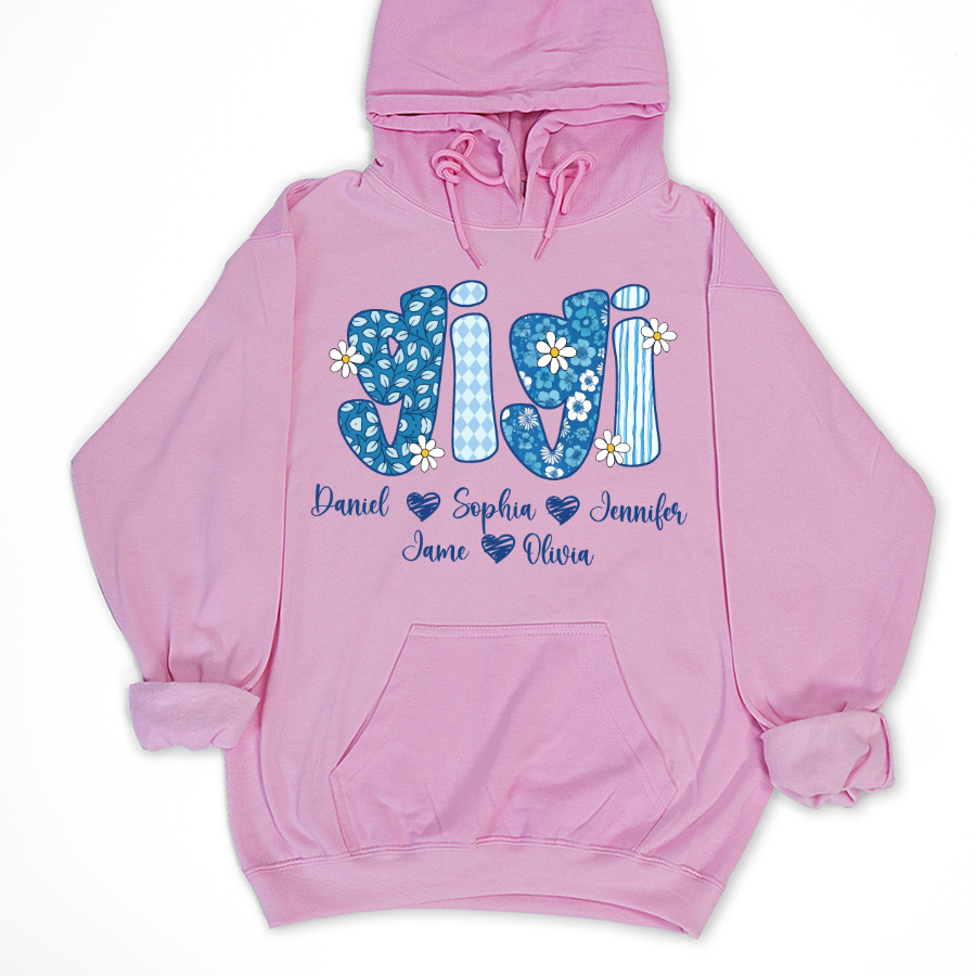 Blue Floral Gigi Personalized Grandma Gift with Grandkids Names Shirt