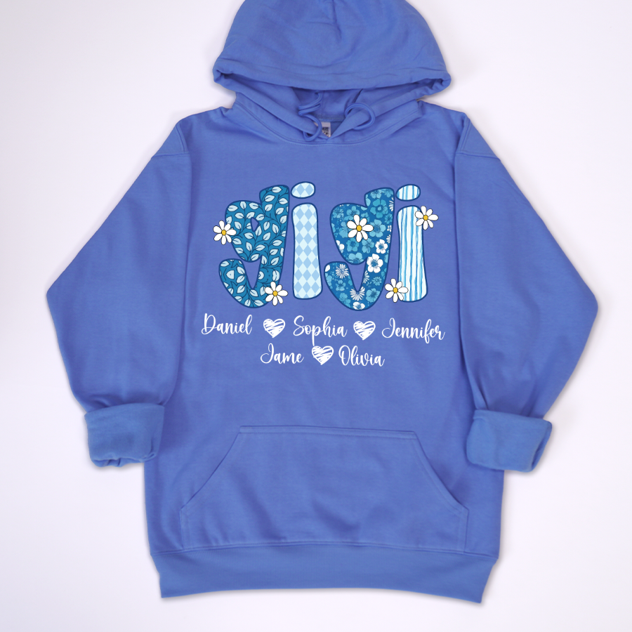 Blue Floral Gigi Personalized Grandma Gift with Grandkids Names Shirt