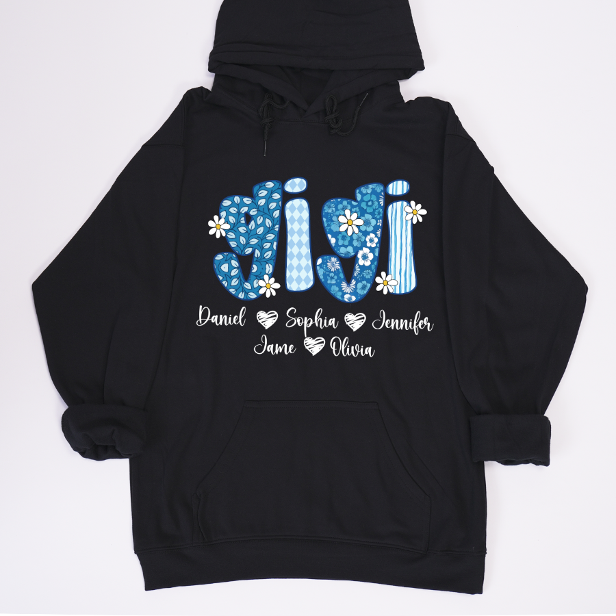Blue Floral Gigi Personalized Grandma Gift with Grandkids Names Shirt