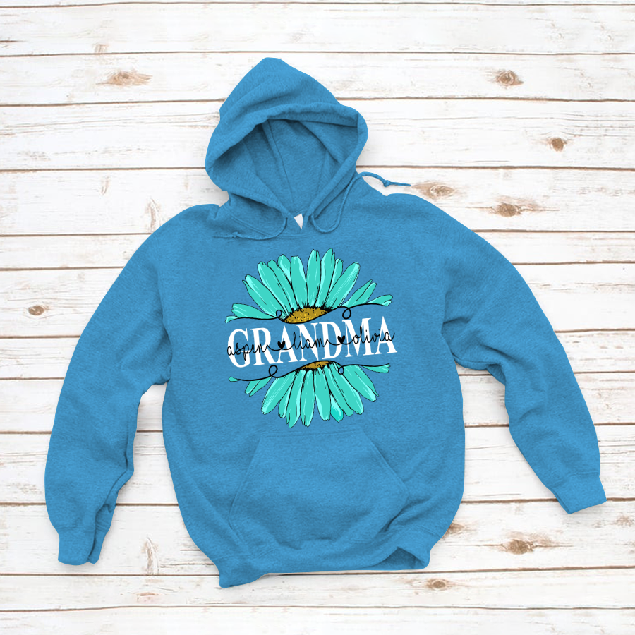 Grandma Flower Daisy Turquoise  And Grandkids Mother's Day Hoodie