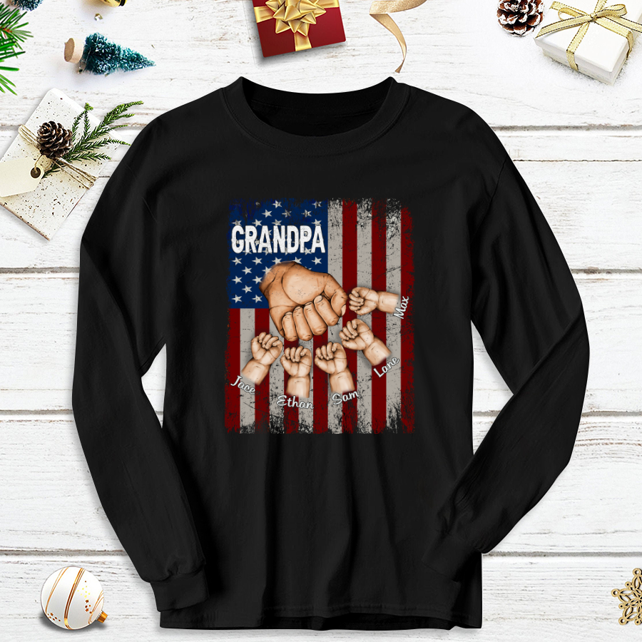 Grandpa Grandkids Hands Flag Longsleeve