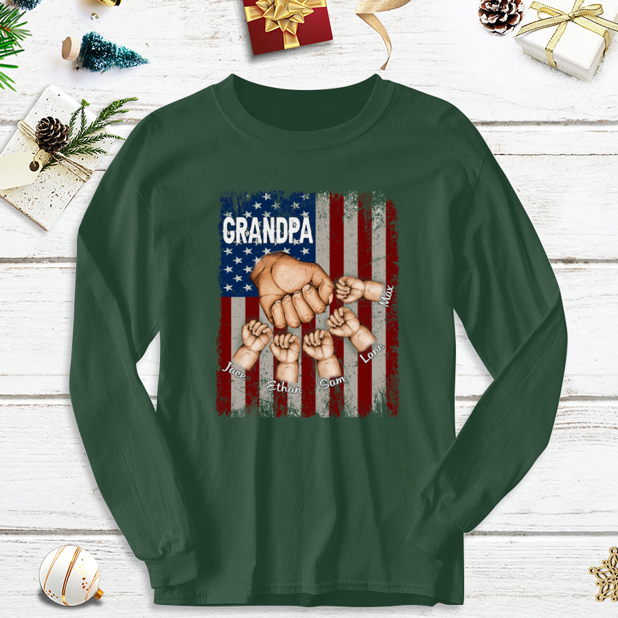 Grandpa Grandkids Hands Flag Longsleeve