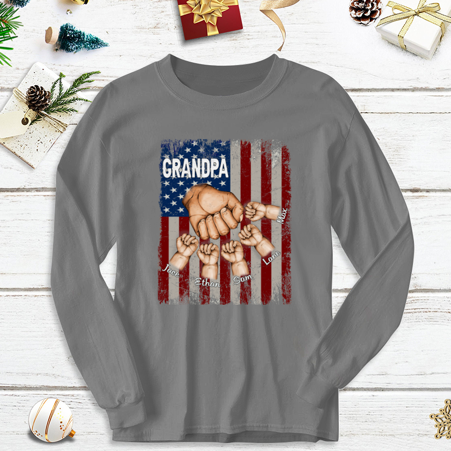 Grandpa Grandkids Hands Flag Longsleeve