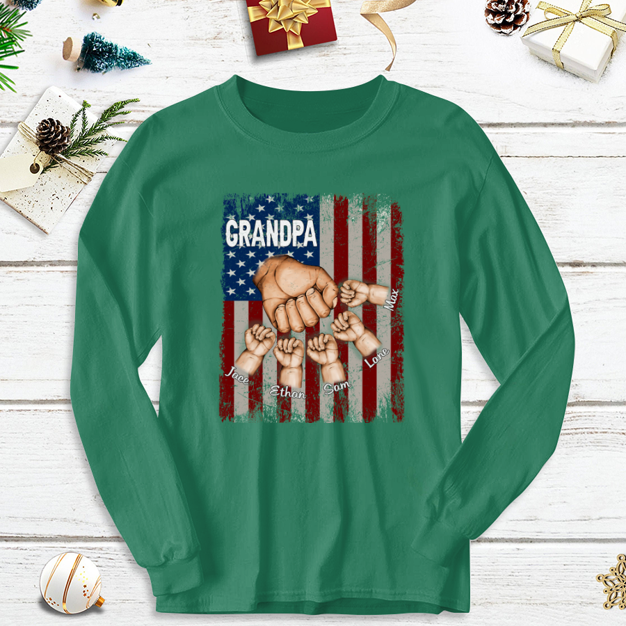 Grandpa Grandkids Hands Flag Longsleeve