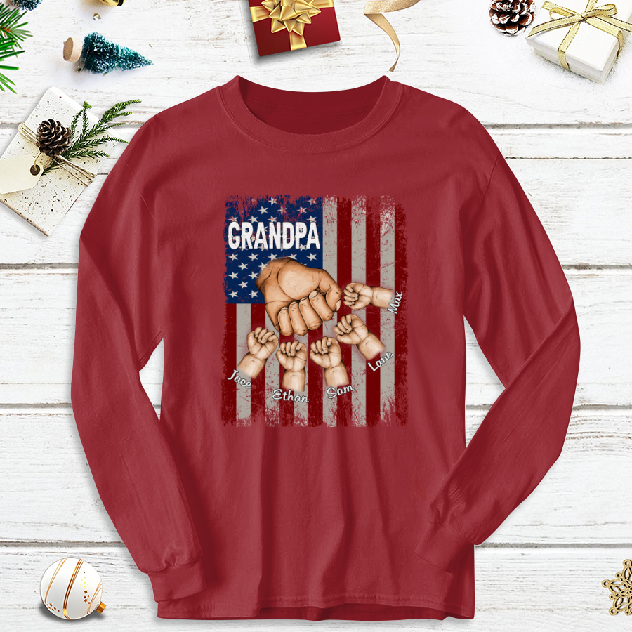 Grandpa Grandkids Hands Flag Longsleeve