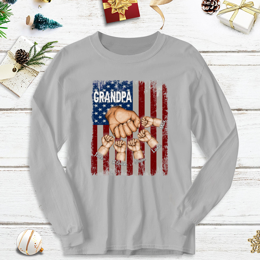 Grandpa Grandkids Hands Flag Longsleeve