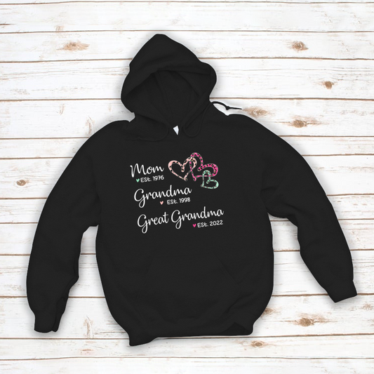 Mom Est Grandma Est Great Grandma Heart Leopard Black Hoodie