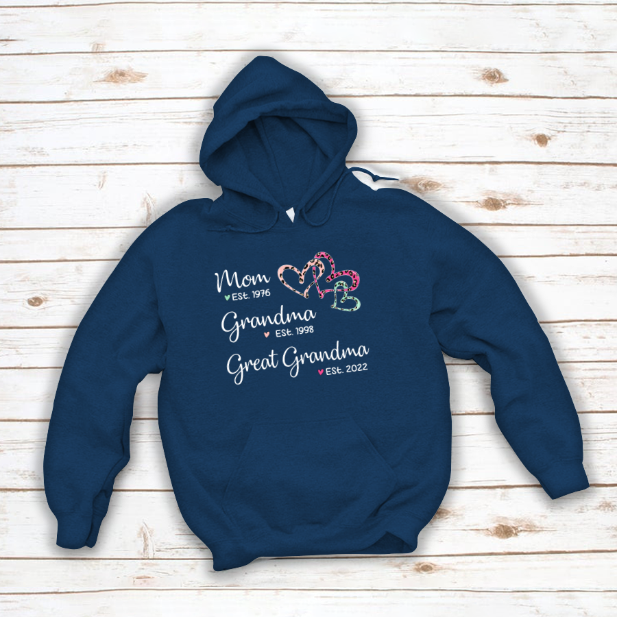 Mom Est Grandma Est Great Grandma Heart Leopard Black Hoodie
