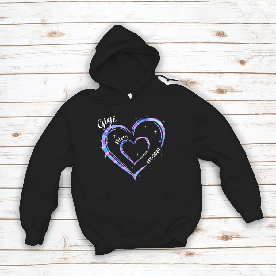 Mom Est Grandma Est Hearts Hologram, Best Mother's Day Gift Hoodie