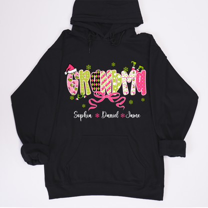 Personalized Christmas Grandma and Grankids Pink Snow Shirt