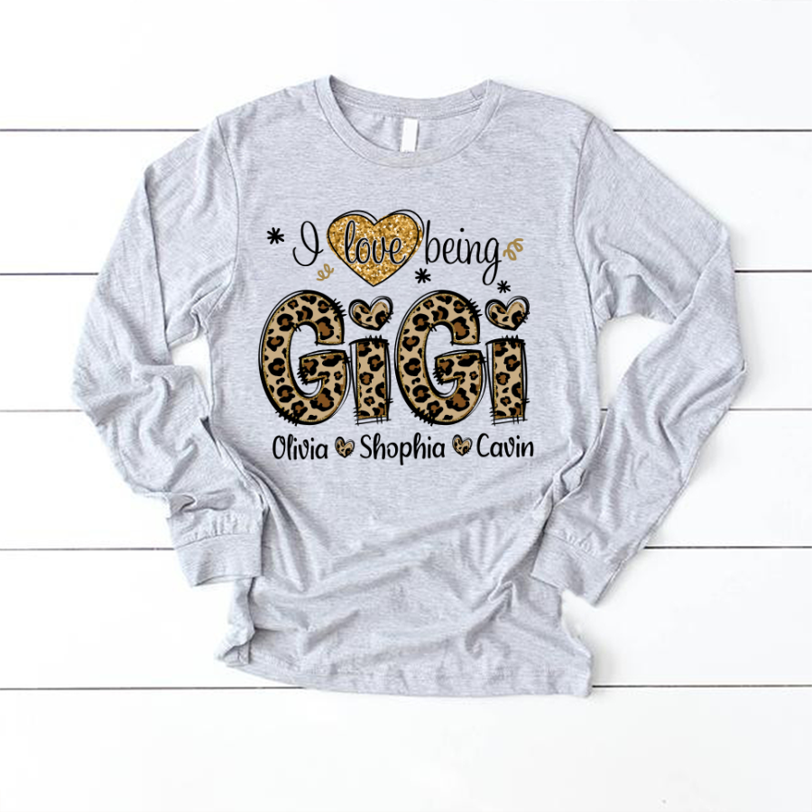 Personalized I love being Gigi Shirt, Custom Grandma With Grandkids Glitter Leopard Longsleeve