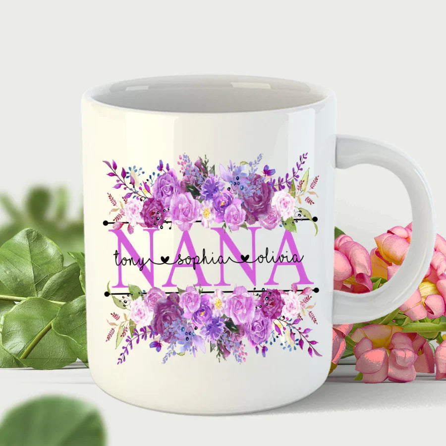 Purple Flower Nana And Grandkids Mug