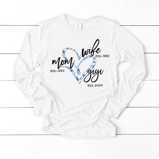 Wife Mom Gigi Est Year Blue Flower Longsleeve