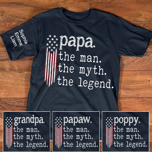 Personalized Papa The Man The Myth The Legend American Flag Shirt with Kids Names, Custom Family Nickname T-Shirt for Dad Fathers Day Gift