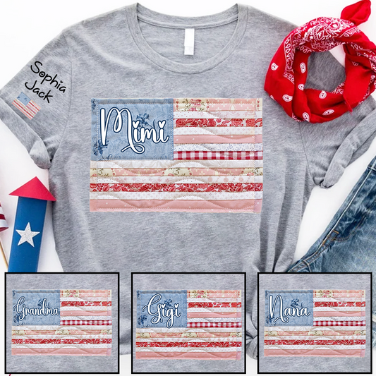 Personalized Mimi Patriotic Patchwork Flag Shirt with Custom Kids Names on Sleeve, Vintage Family Grandma Tee for Women, 4th of July Birthday Shirt