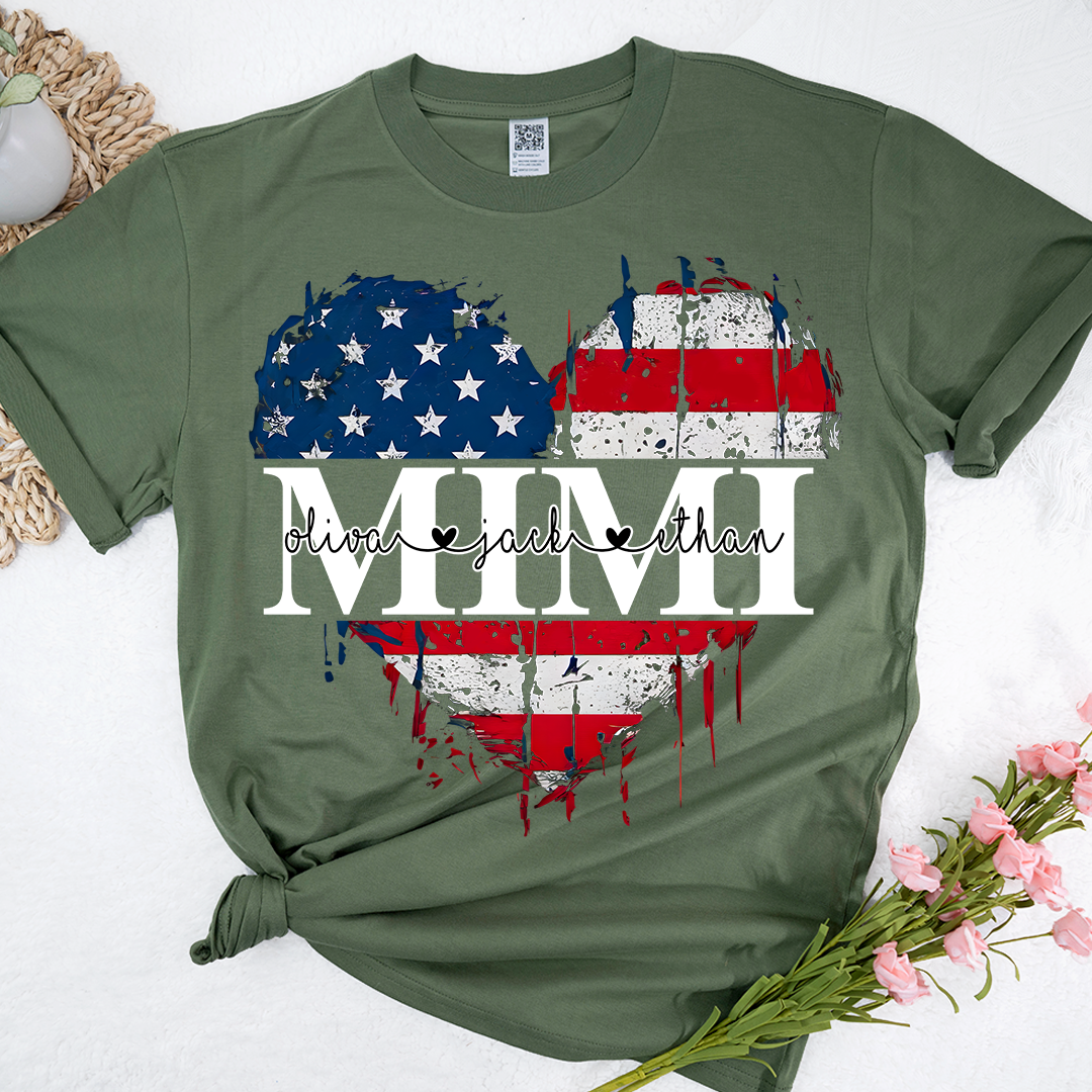 Personalized Mimi's Heart Flag T-shirt with Patriotic Design, Grandma Gigi Mama Mimi Shirt for 4th of July, Patriotic Gift for Mother's Day