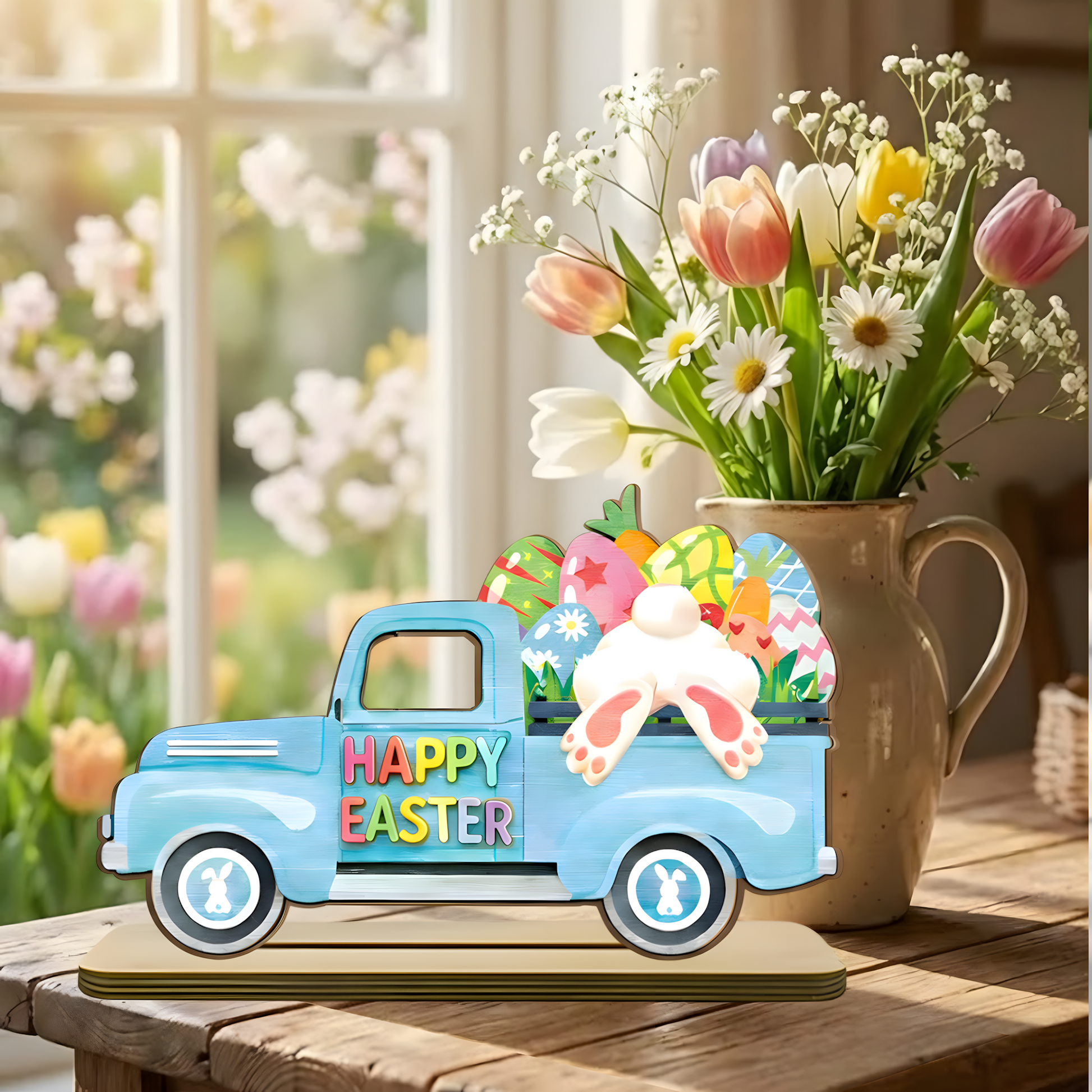 Personalized Easter Wooden Truck Plaque - Custom "Happy Easter" Decor with Colorful Eggs and Bunny Design