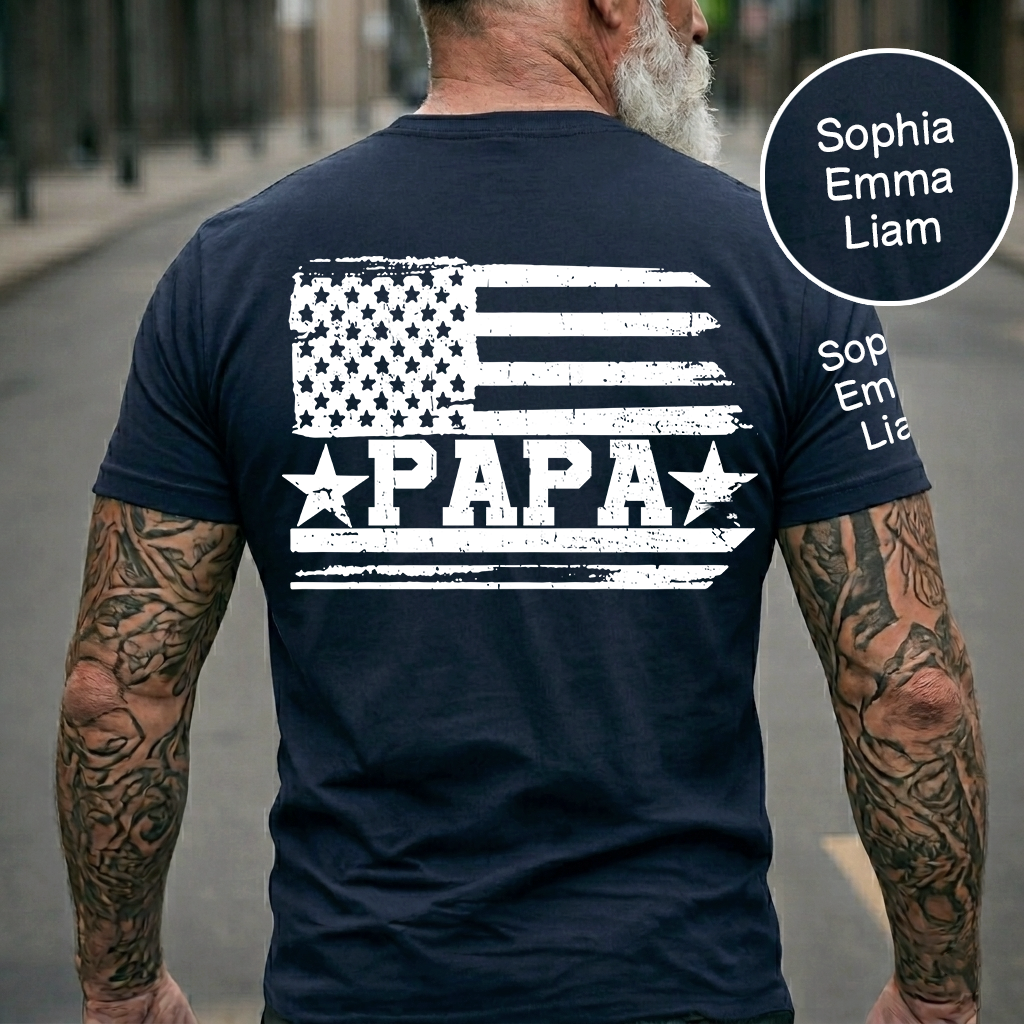 Personalized Papa T-Shirt with Custom Kids Names Option, American Flag Patriotic Design for Dad, Fathers Day Birthday Gift, Family Celebration Shirt