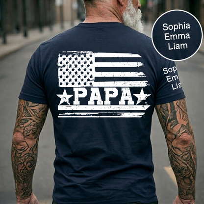 Personalized Papa T-Shirt with Custom Kids Names Option, American Flag Patriotic Design for Dad, Fathers Day Birthday Gift, Family Celebration Shirt