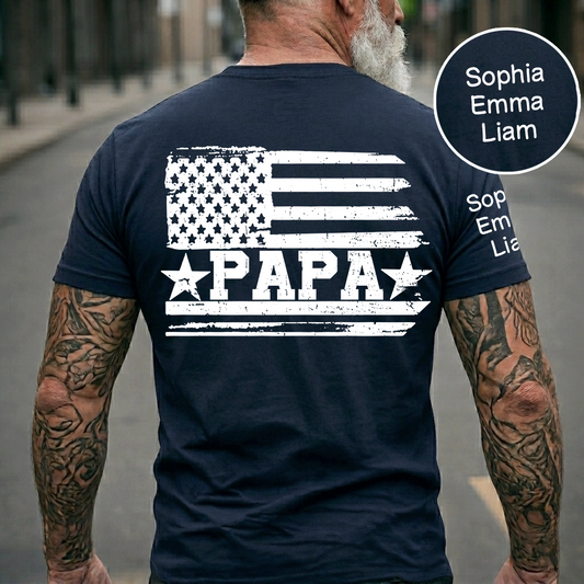 Personalized Papa T-Shirt with Custom Kids Names Option, American Flag Patriotic Design for Dad, Fathers Day Birthday Gift, Family Celebration Shirt